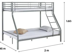Lit superposé en métal "Leo" Sommiers inclus - 90/140 x 190 cm - Gris