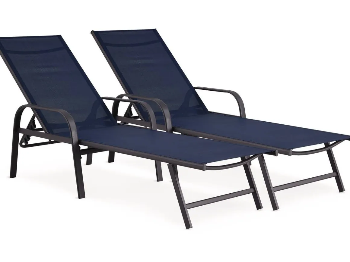 Lot de 2 Bains de soleil en métal avec accoudoirs "Farniente" - Bleu nuit