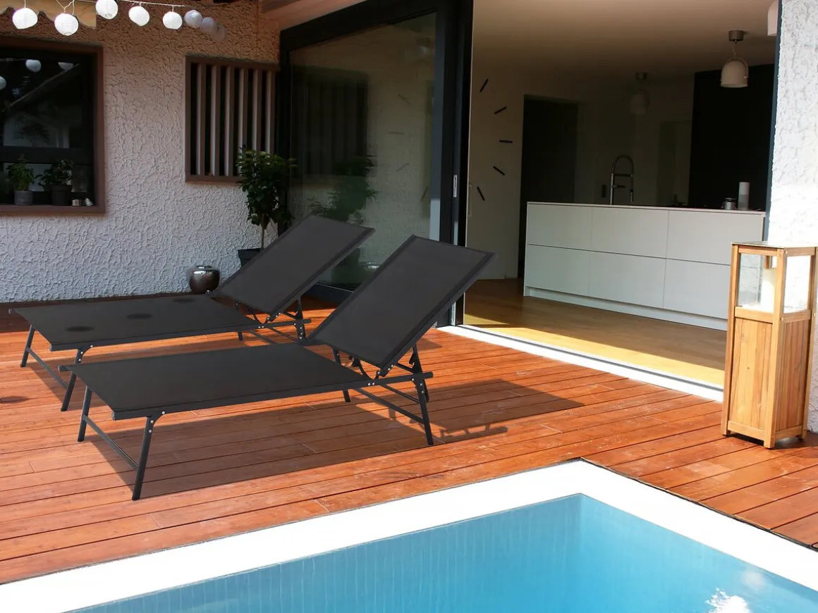 Lot de 2 bains de soleil en métal "Sublima" - 180 x 54 x 104 cm - Noir