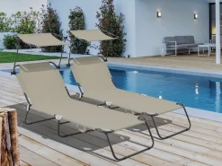 Lot de 2 bains de soleil pliable "Lazy" - Avec pare soleil - Taupe