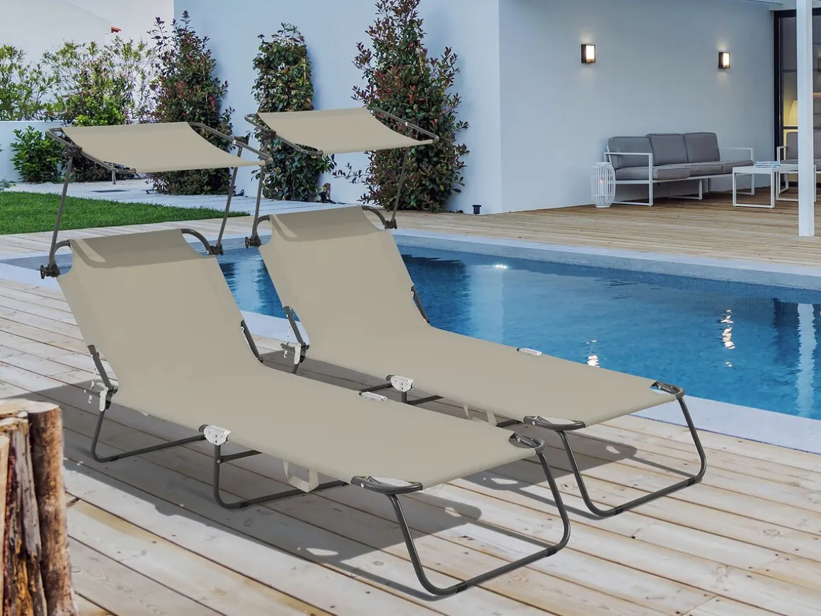 Lot de 2 bains de soleil pliable "Lazy" - Avec pare soleil - Taupe