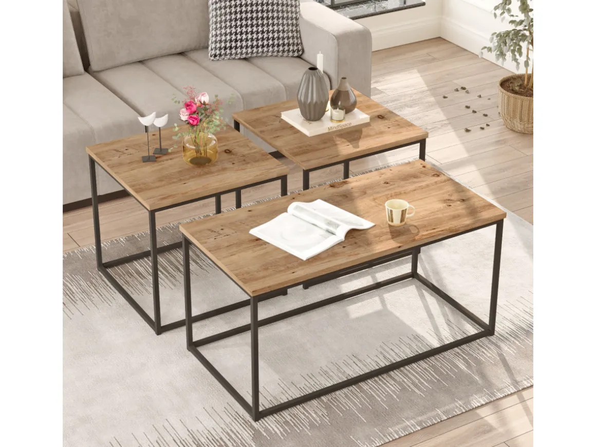 Lot de 3 tables basse en bois "VG9" - 90 x 45 x 44 cm - Pin Atlantique