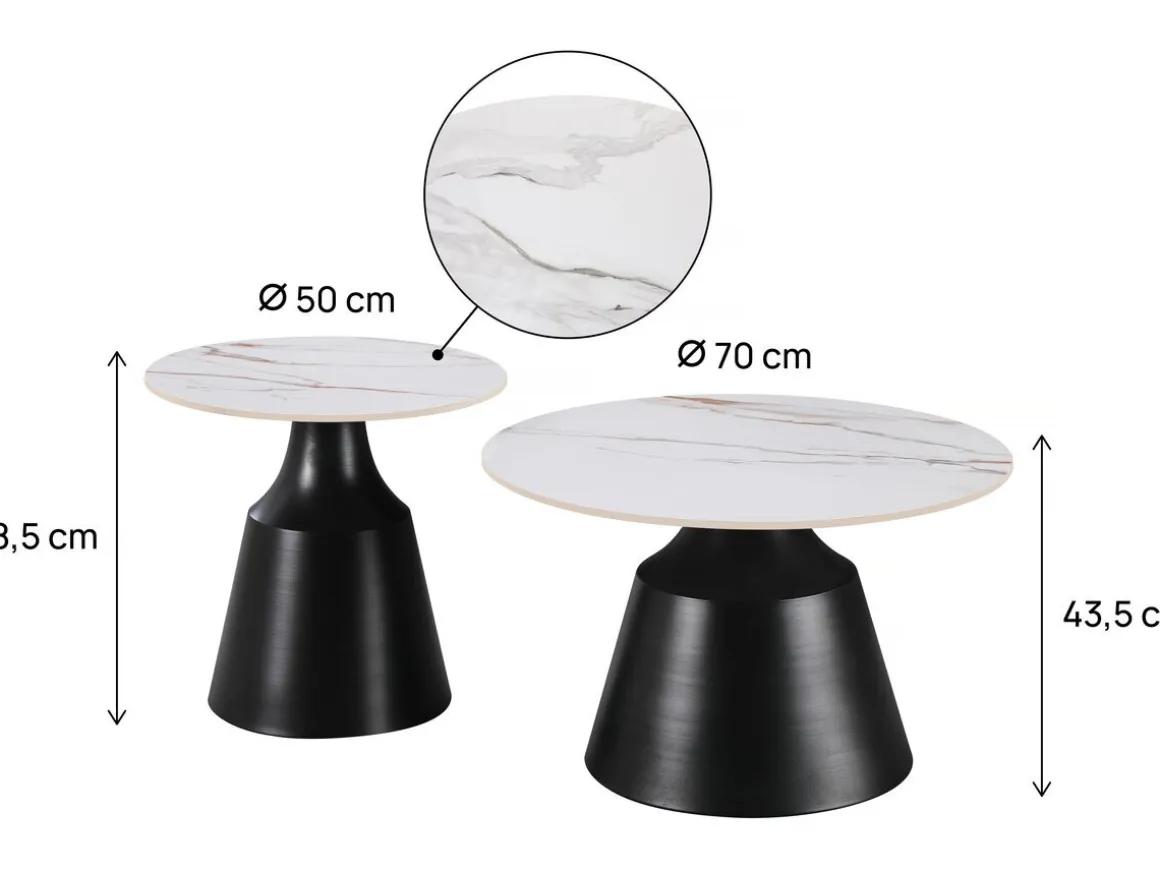Lot de 2 tables basses gigognes en céramique "Vulca" - 70 x 70 x 43 cm - Blanc