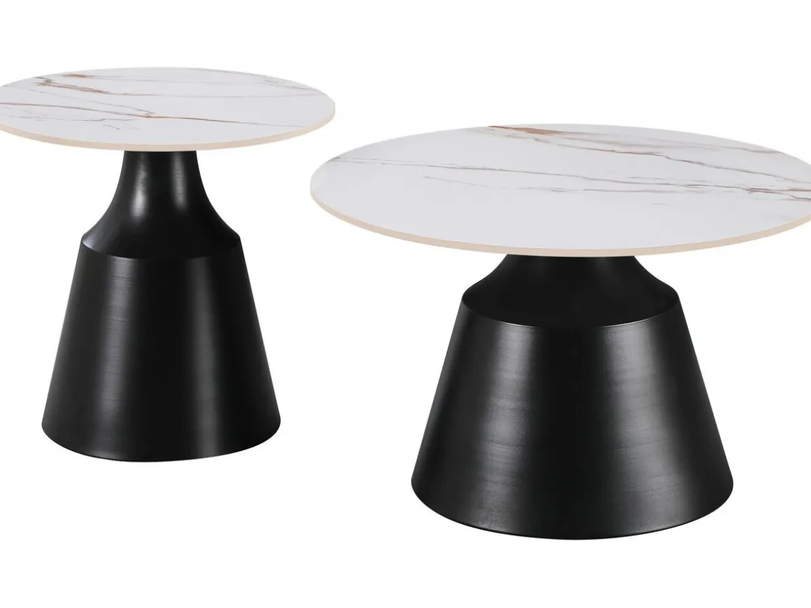 Lot de 2 tables basses gigognes en céramique "Vulca" - 70 x 70 x 43 cm - Blanc