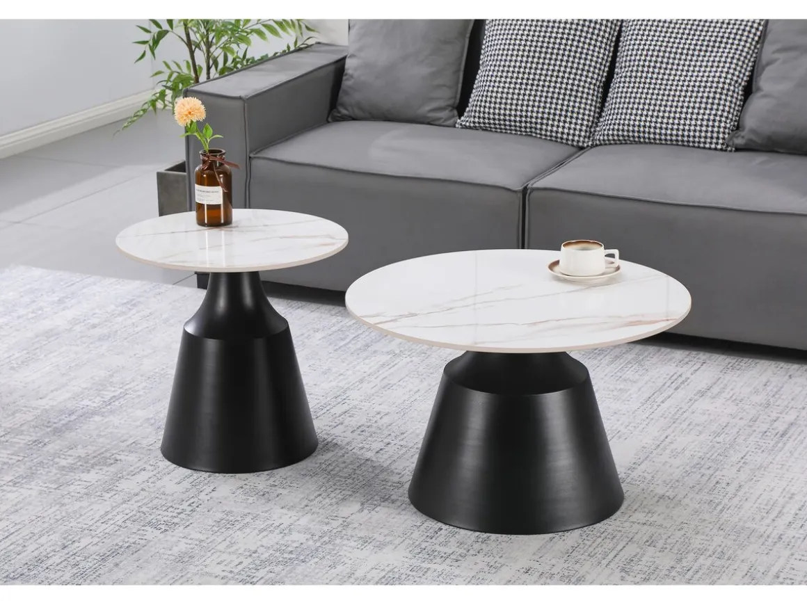 Lot de 2 tables basses gigognes en céramique "Vulca" - 70 x 70 x 43 cm - Blanc