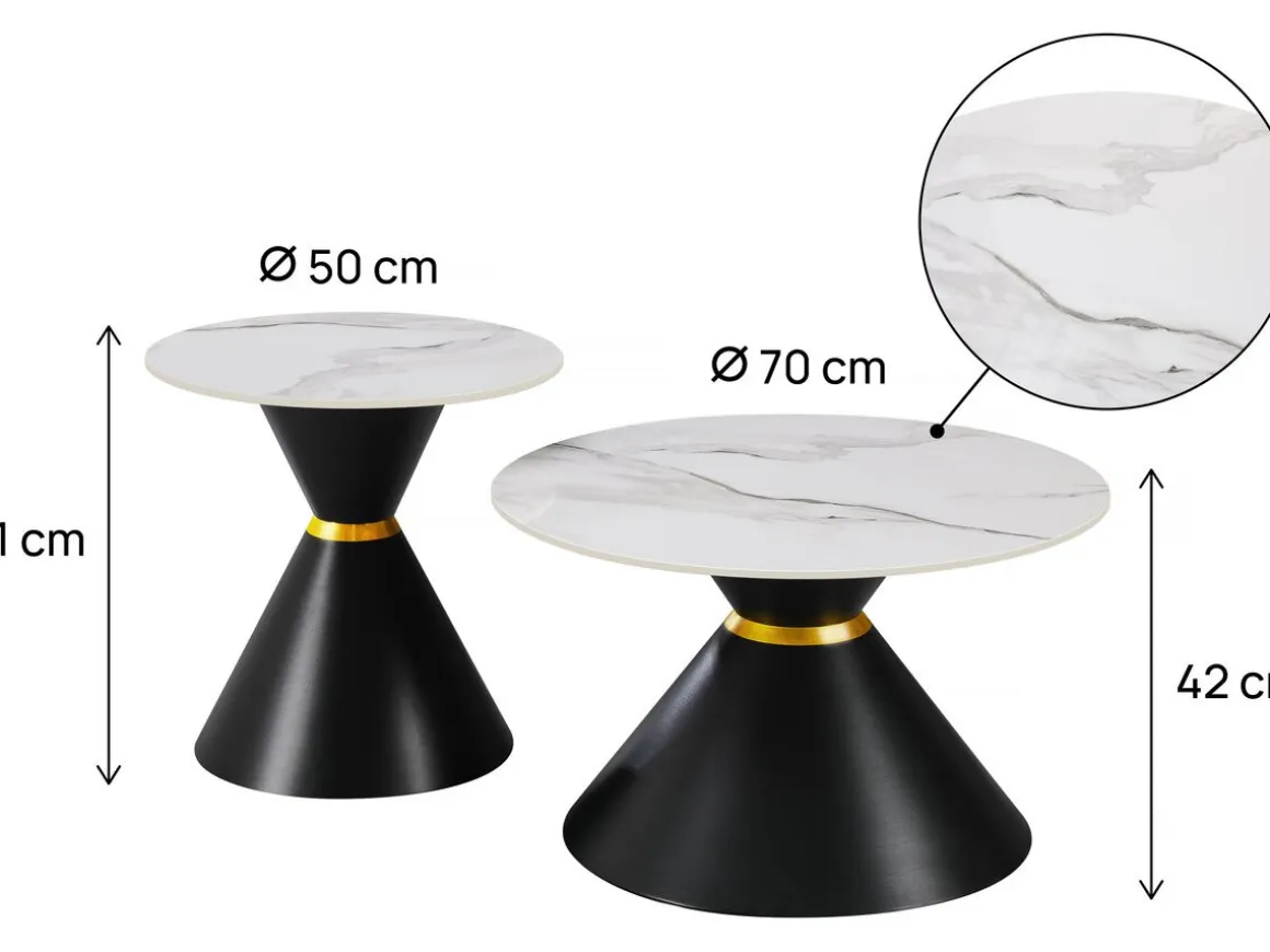 Lot de 2 tables basses gigognes en céramique "Lune" - 70 x 70 x 42 cm - Gris/Blanc