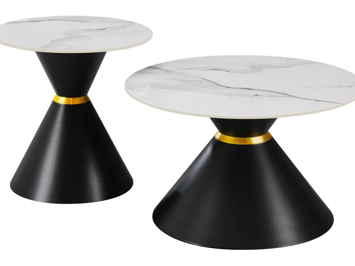 Lot de 2 tables basses gigognes en céramique "Lune" - 70 x 70 x 42 cm - Gris/Blanc