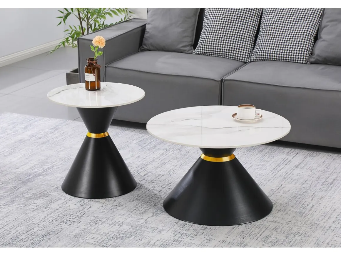 Lot de 2 tables basses gigognes en céramique "Lune" - 70 x 70 x 42 cm - Gris/Blanc