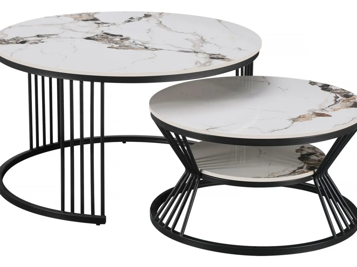 Lot de 2 tables basses gigognes en céramique "Ombre" - 80 x 80 x 45 cm - Blanc