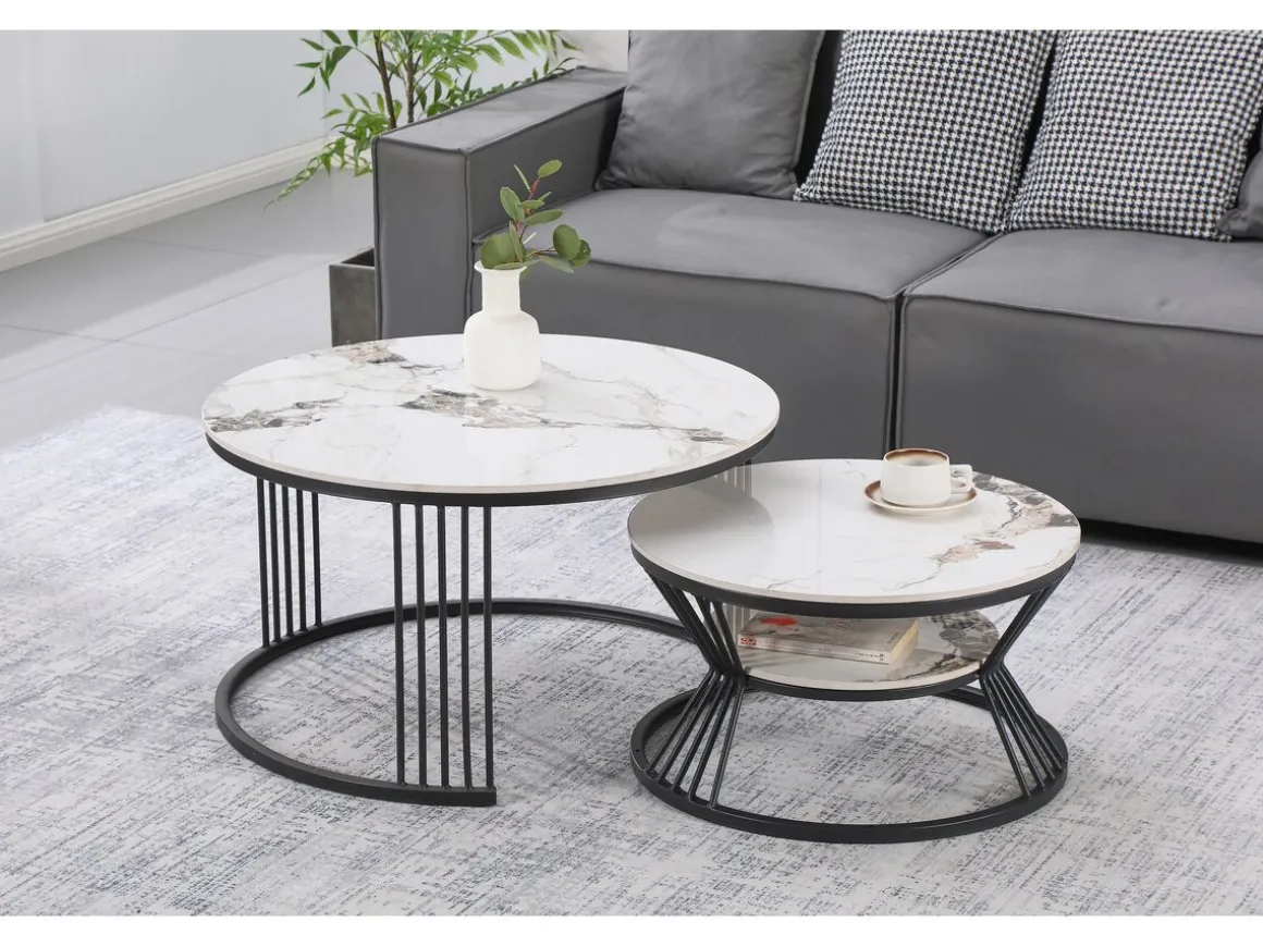 Lot de 2 tables basses gigognes en céramique "Ombre" - 80 x 80 x 45 cm - Blanc