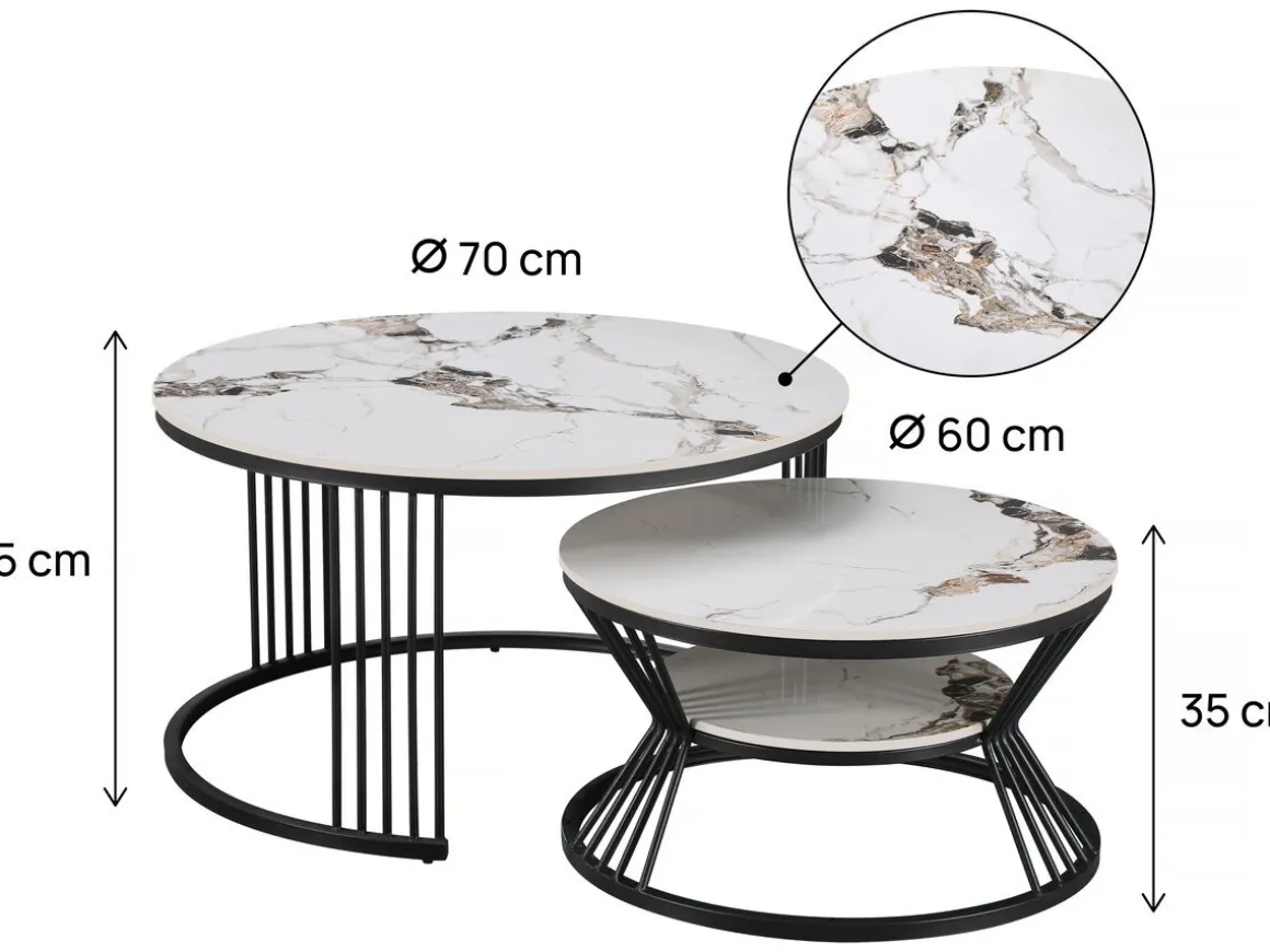 Lot de 2 tables basses gigognes en céramique "Ombre" - 80 x 80 x 45 cm - Blanc