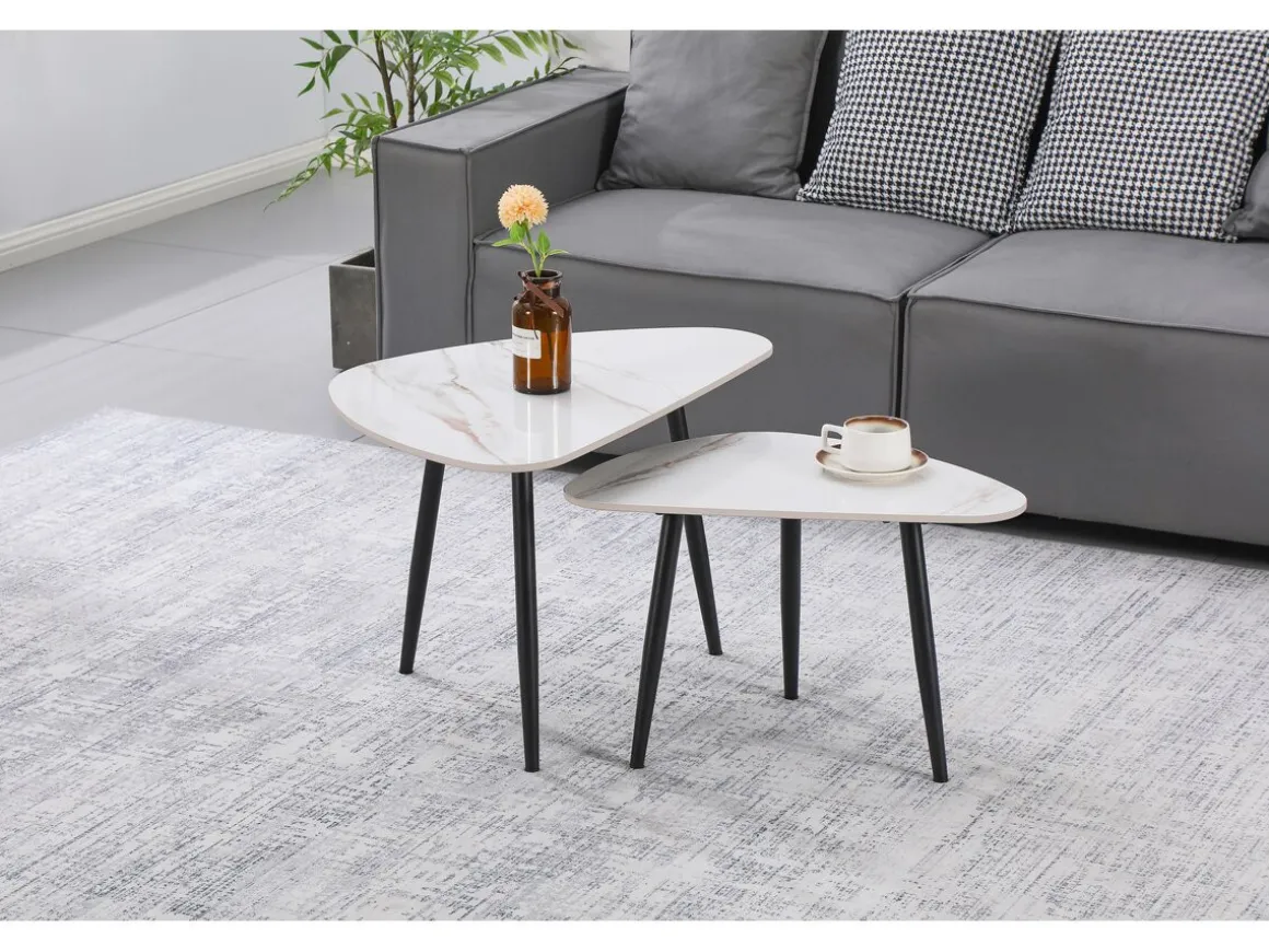 Lot de 2 tables basses gigognes en céramique "Terra" - 49 x 79 x 56 cm - Blanc