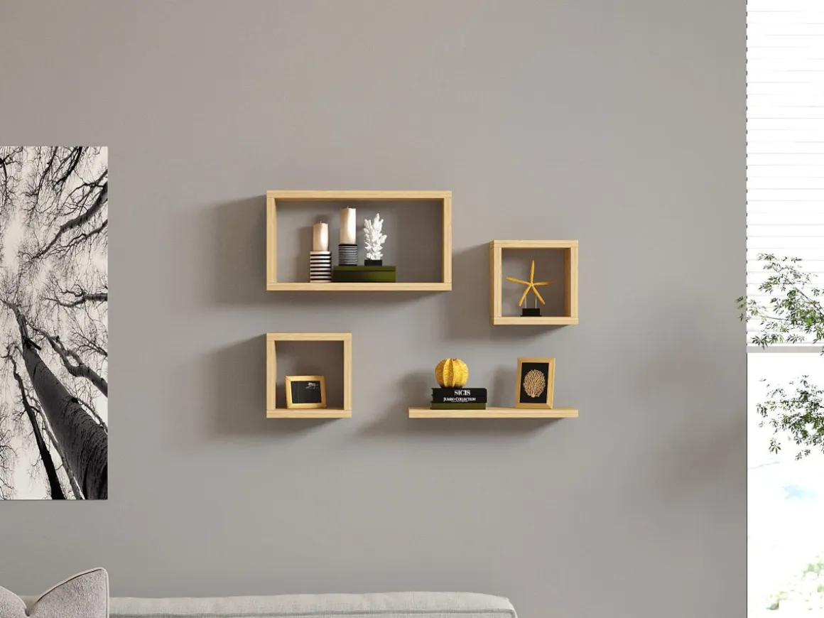 Lot de 4 étagères murales en bois "Babi" - 43 x 15 x 23 cm - Beige