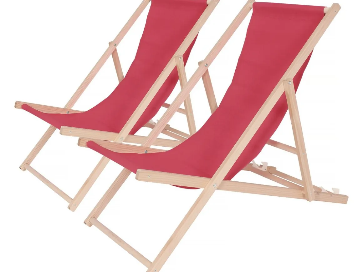 Lot de 2 transat en bois "Chilienne" - 107 x 56.5 x 81 cm - Rouge