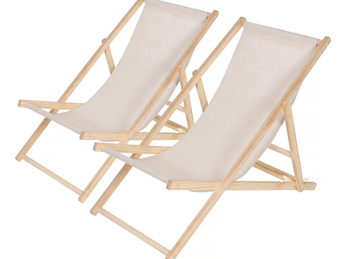 Lot de 2 transats en bois "Chilienne" - 107 x 56.5 x 81 cm - Ecru