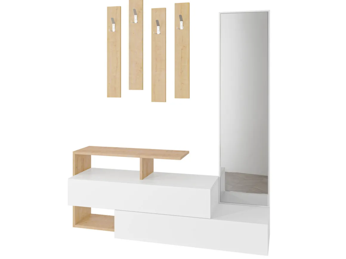 Meuble d'entrée avec miroir en bois "Ramda" - 137 x 35 x 154 cm - Beige