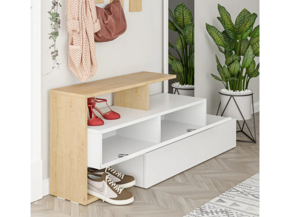 Meuble d'entrée avec miroir en bois "Ramda" - 137 x 35 x 154 cm - Beige