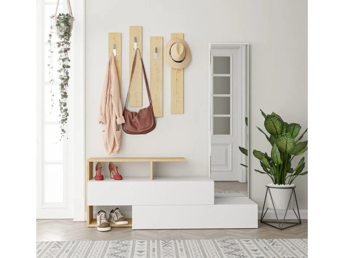 Meuble d'entrée avec miroir en bois "Ramda" - 137 x 35 x 154 cm - Beige