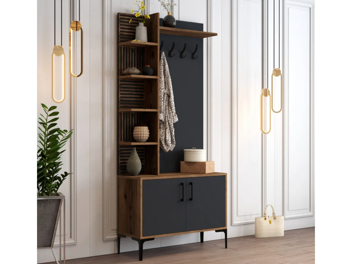 Meuble d'entrée en bois "Viyana D" - 90 x 35 x 200 cm - Gris anthracite