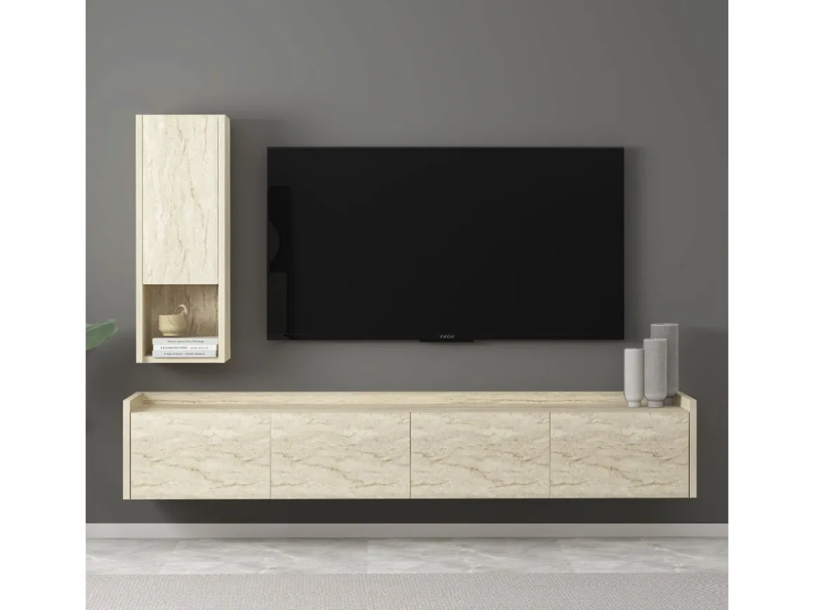 Meuble TV avec étagère murale en bois "Sema" - 160 x 30 x 35 cm - Travertin