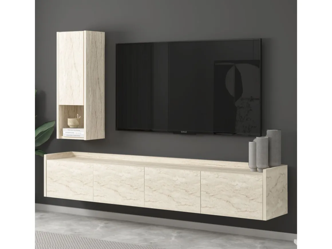 Meuble TV avec étagère murale en bois "Sema" - 160 x 30 x 35 cm - Travertin