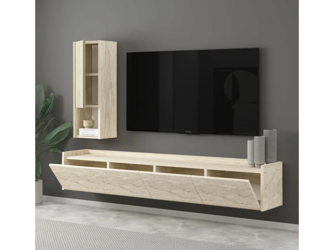 Meuble TV avec étagère murale en bois "Sema" - 160 x 30 x 35 cm - Travertin