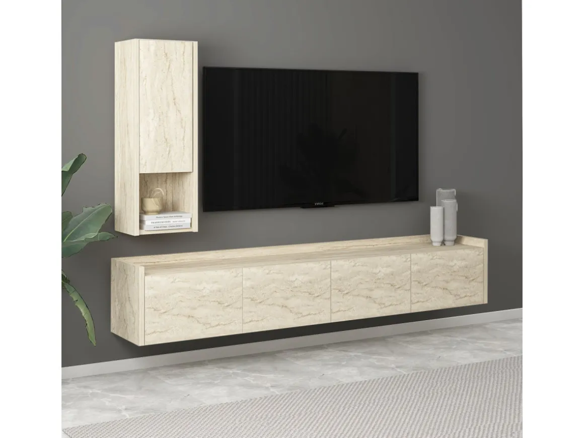 Meuble TV avec étagère murale en bois "Sema" - 160 x 30 x 35 cm - Travertin