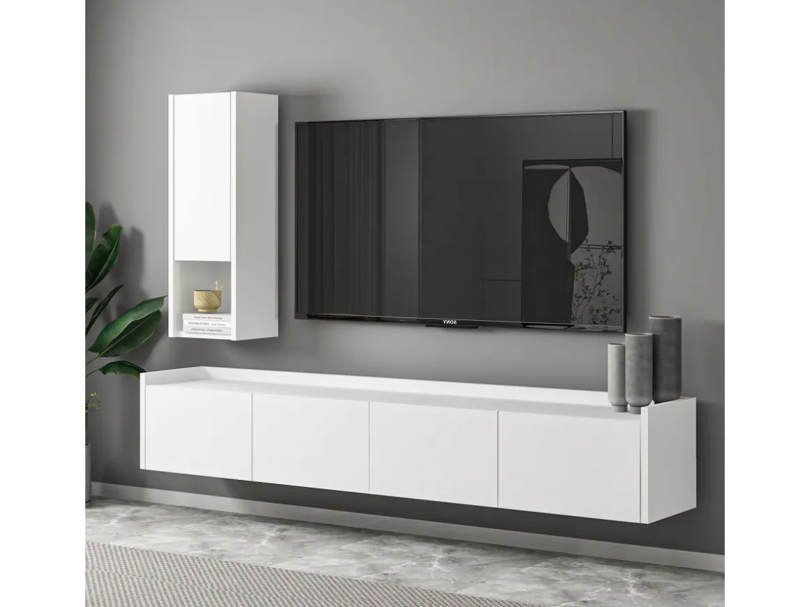 Meuble TV avec étagère murale en bois "Sema" - 160 x 30 x 35 cm - Blanc