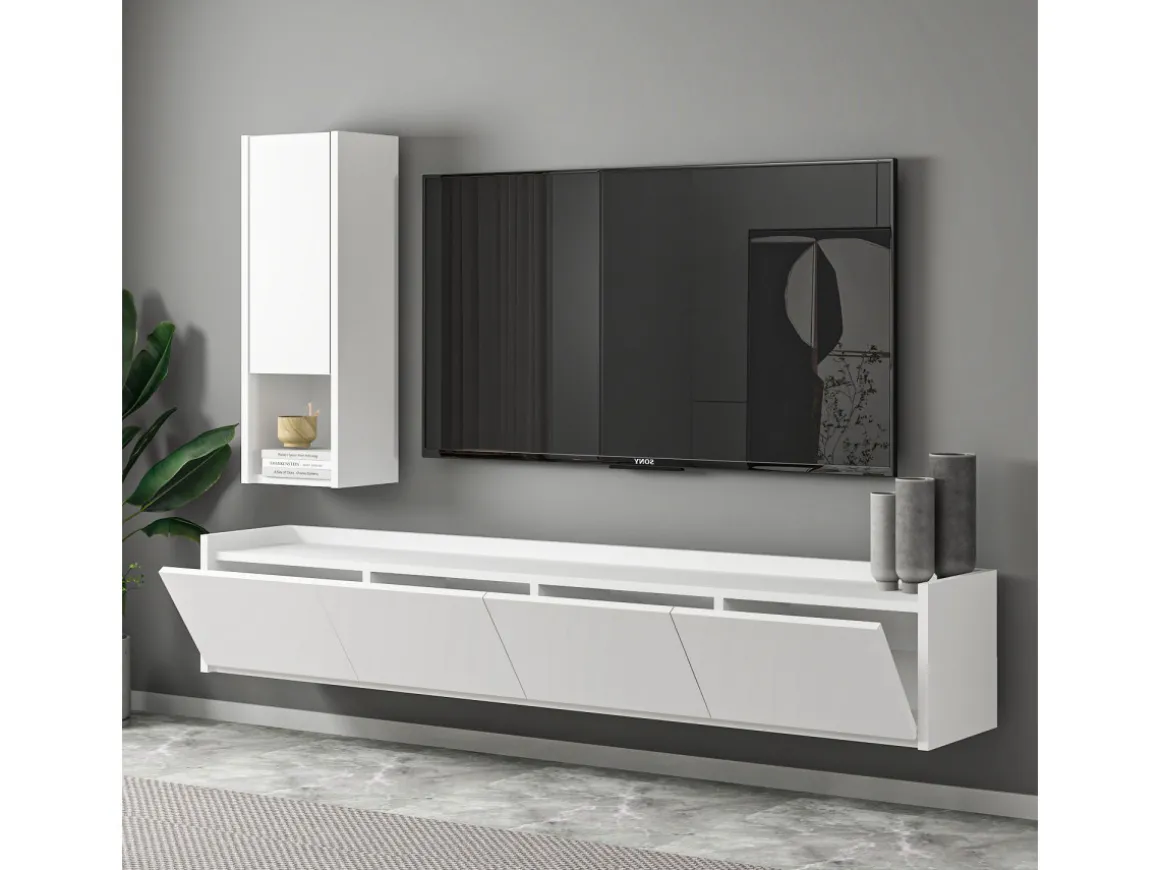 Meuble TV avec étagère murale en bois "Sema" - 160 x 30 x 35 cm - Blanc