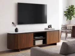 Meuble TV en bois avec plateau en céramique "Stonea" - 200 x 40 x 55 cm - Marron