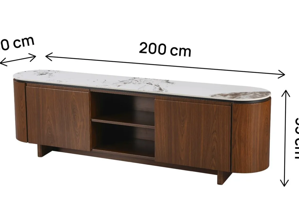 Meuble TV en bois avec plateau en céramique "Stonea" - 200 x 40 x 55 cm - Marron