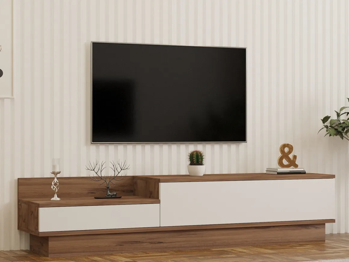 Meuble TV en bois "Barko" - 160 x 35 x 35 cm - Pin atlantiqueBlanc