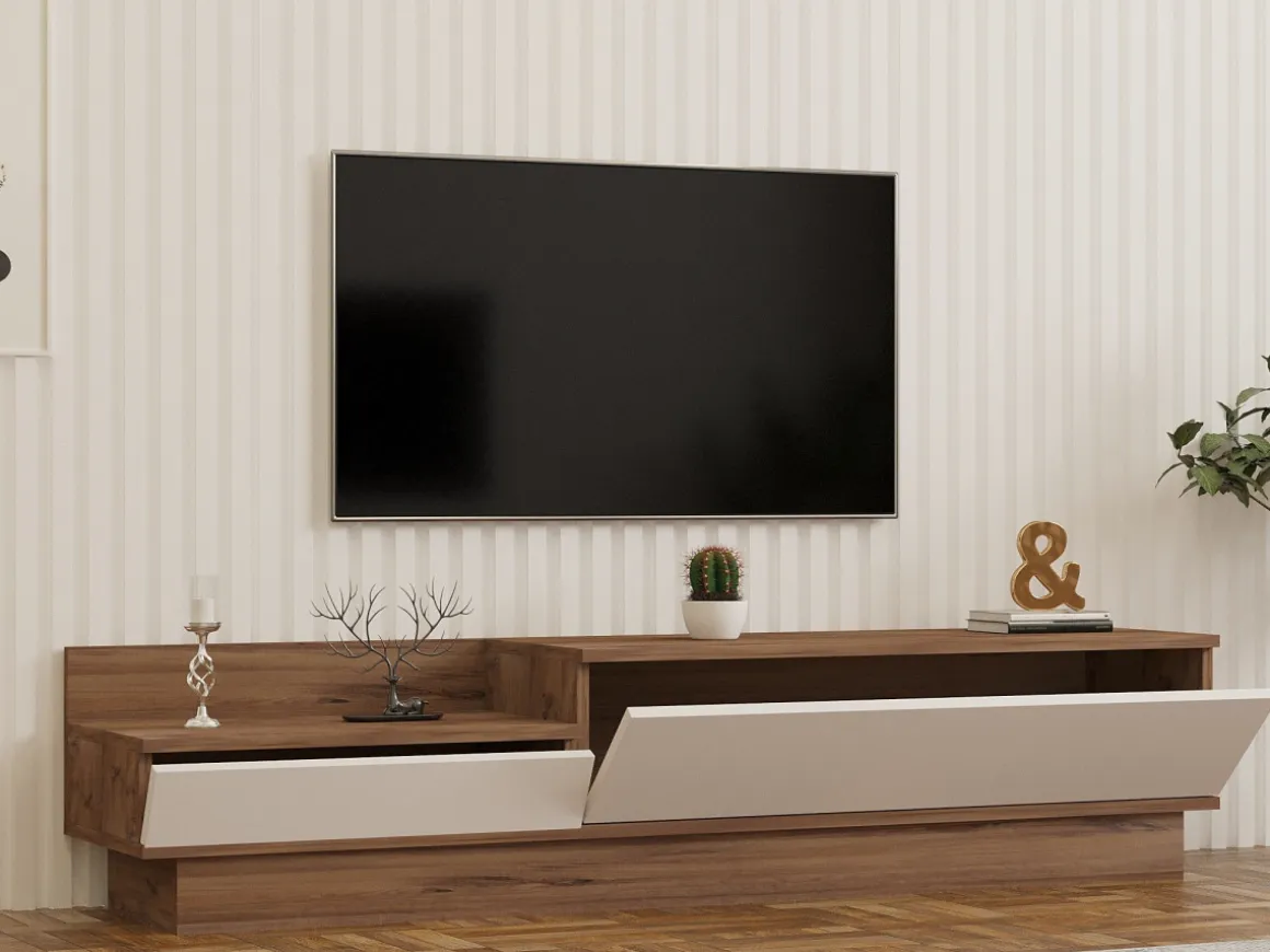 Meuble TV en bois "Barko" - 160 x 35 x 35 cm - Pin atlantiqueBlanc
