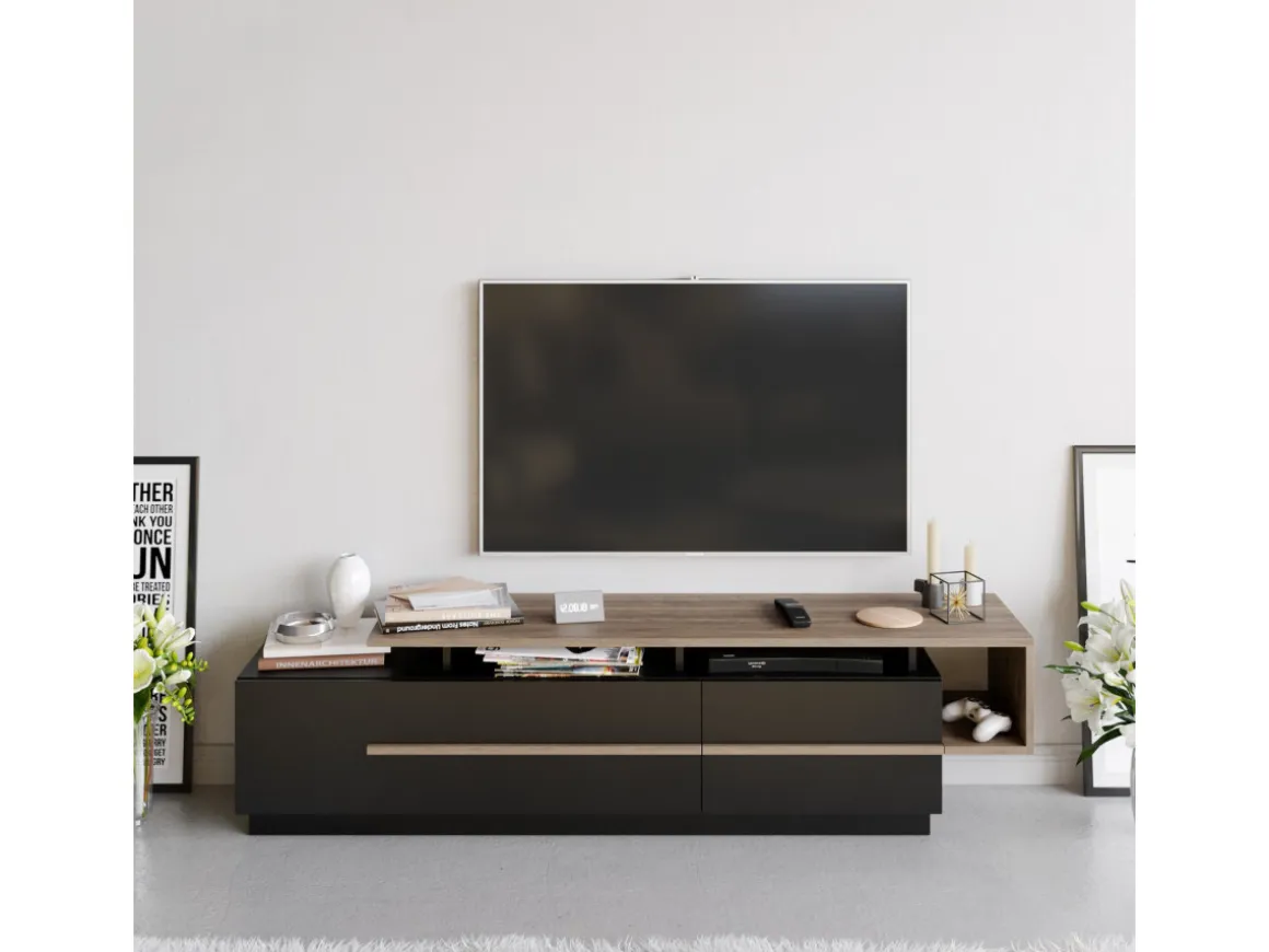 Meuble TV en bois "Basak" - 180 x 40 x 46 cm - Noir