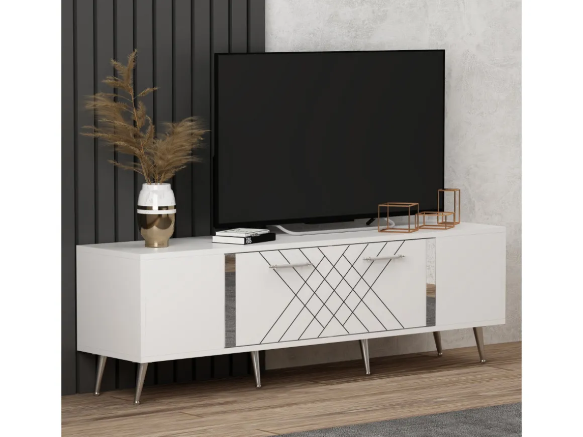 Meuble TV en bois "Detas" - 150 x 35 x 48 cm - Argent