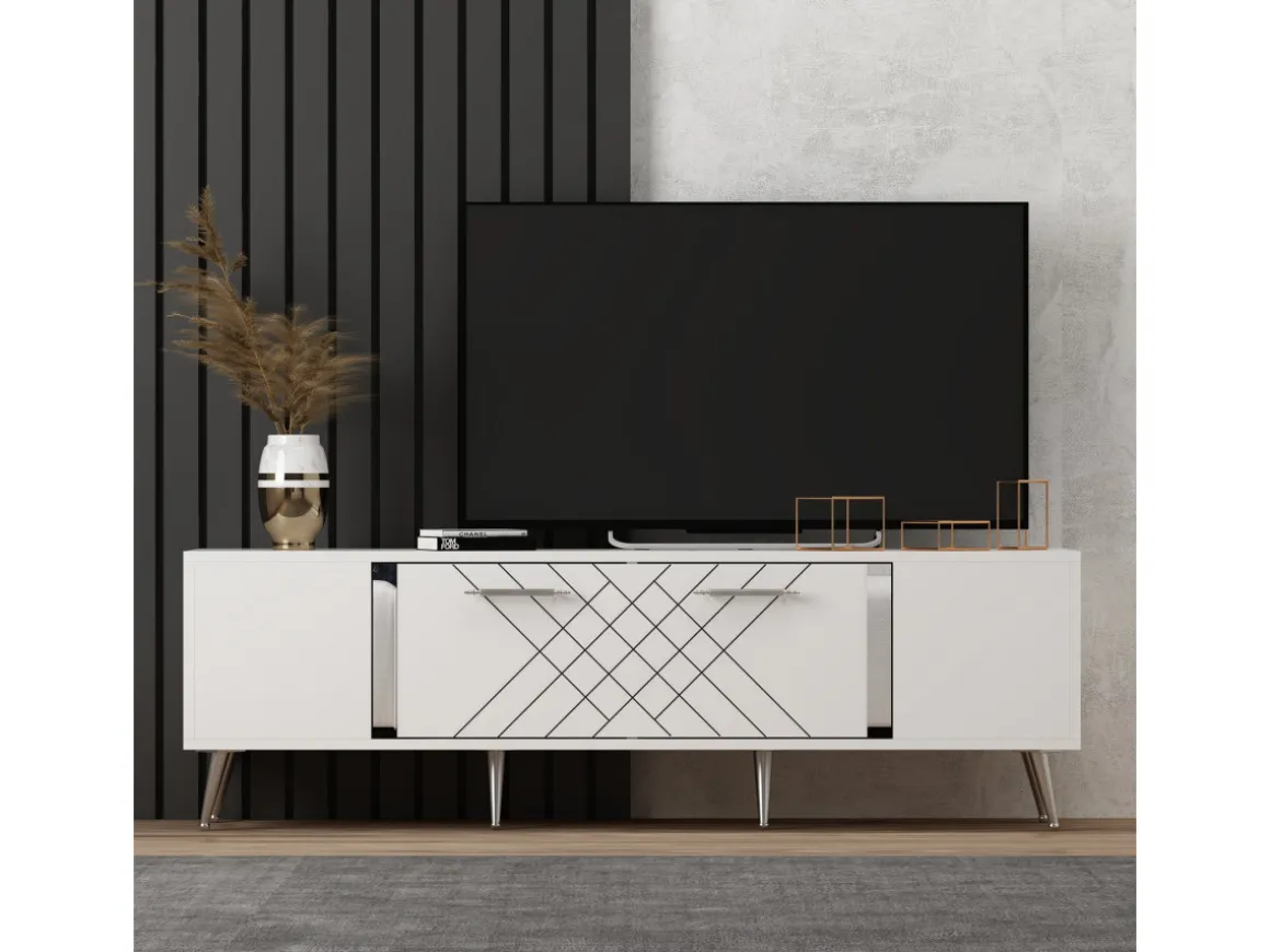 Meuble TV en bois "Detas" - 150 x 35 x 48 cm - Argent