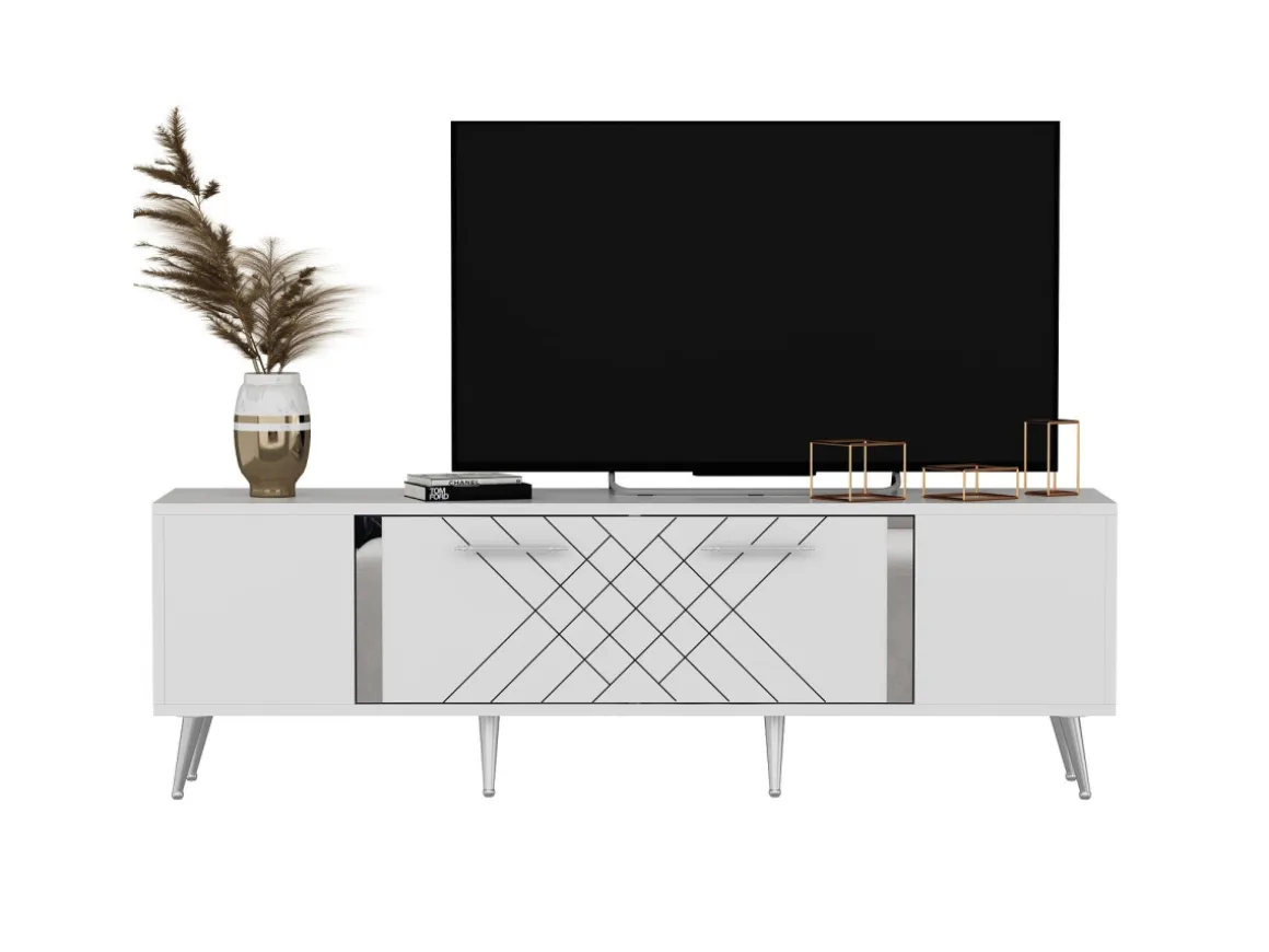 Meuble TV en bois "Detas" - 150 x 35 x 48 cm - Argent