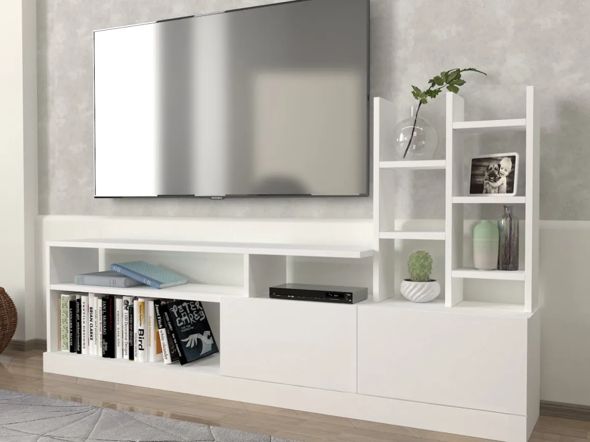 Meuble TV en bois "Dolunay" - 164 x 25 x 91 cm - Blanc
