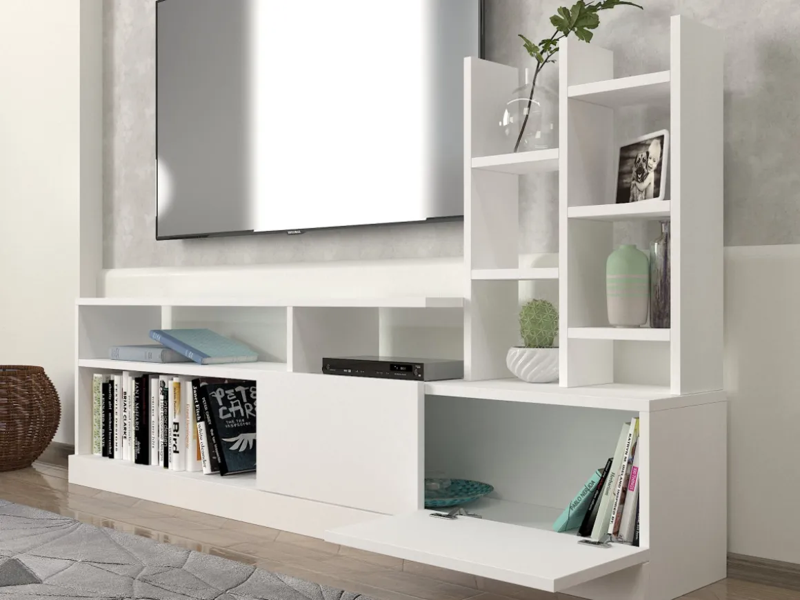 Meuble TV en bois "Dolunay" - 164 x 25 x 91 cm - Blanc