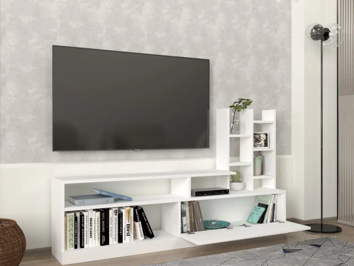 Meuble TV en bois "Dolunay" - 164 x 25 x 91 cm - Blanc