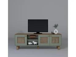 Meuble TV en bois et cannage "Bohemian" - 160 x 40 x 56 cm - Vert