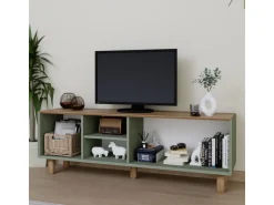 Meuble TV en bois et cannage 
