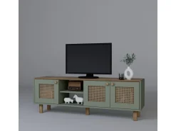 Meuble TV en bois et cannage 