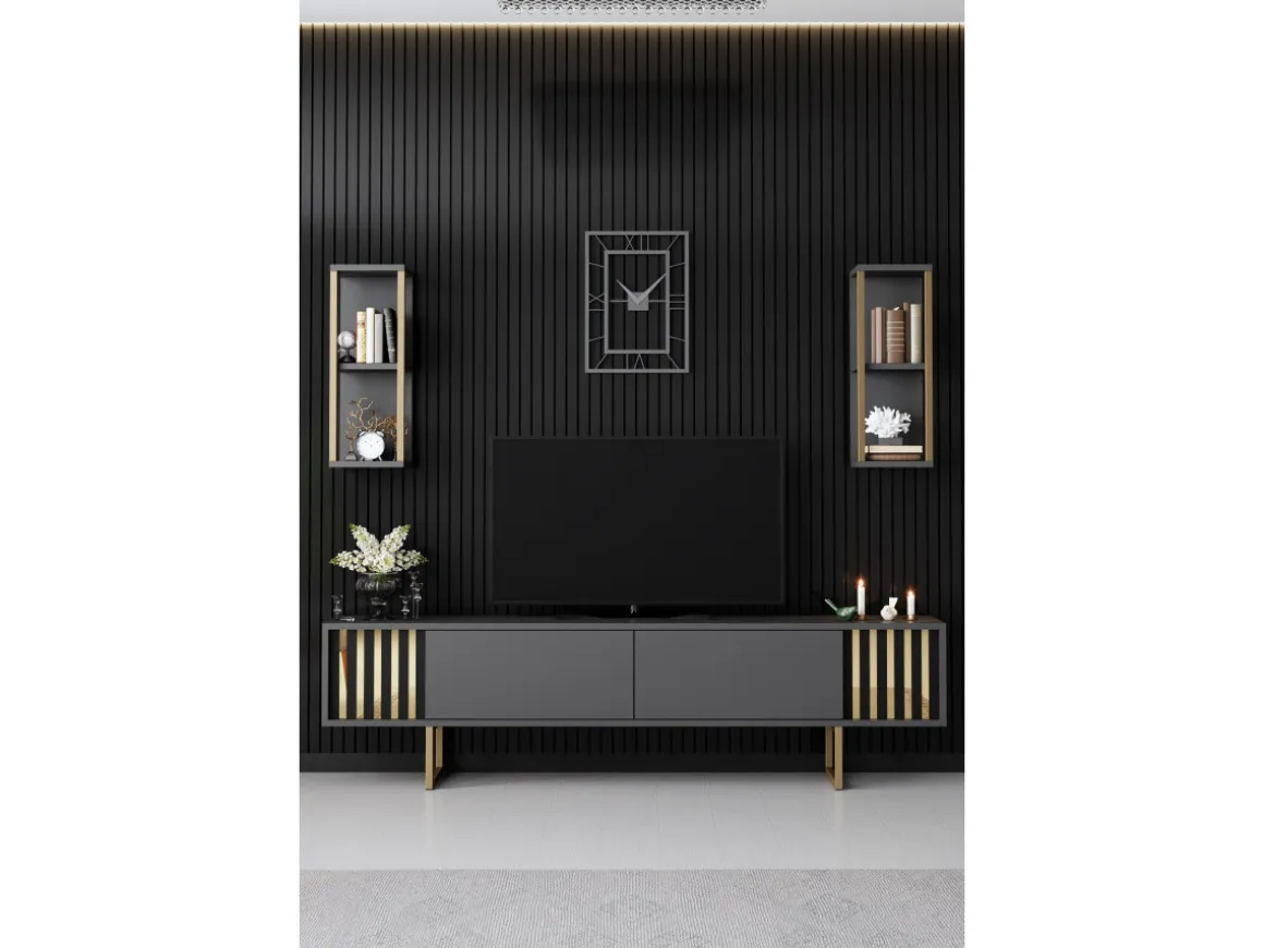 Meuble TV en bois "Gold Line" - 180 x 30 x 48 cm - AnthraciteNoir