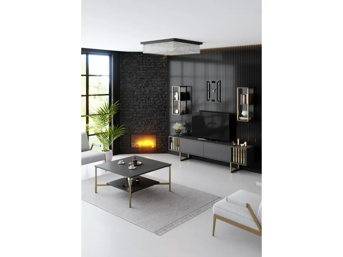 Meuble TV en bois "Gold Line" - 180 x 30 x 48 cm - AnthraciteNoir