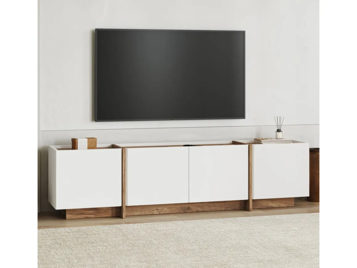 Meuble TV en bois "Lowen" - 180 x 35 x 46 cm - Blanc / Pin Atlantique