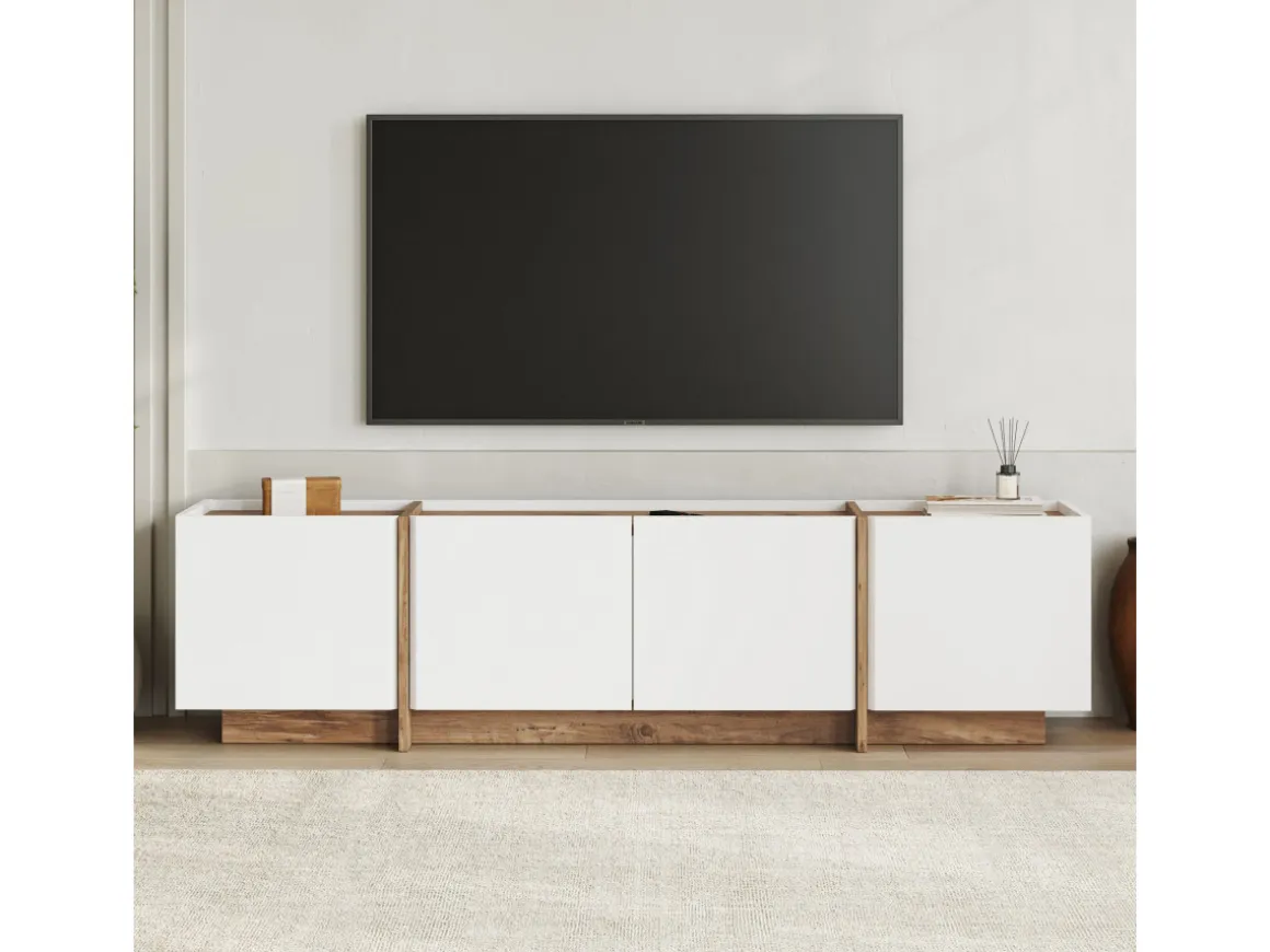Meuble TV en bois "Lowen" - 180 x 35 x 46 cm - Blanc / Pin Atlantique