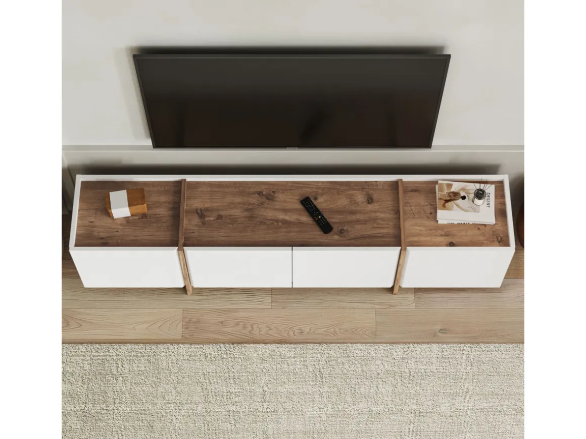 Meuble TV en bois "Lowen" - 180 x 35 x 46 cm - Blanc / Pin Atlantique