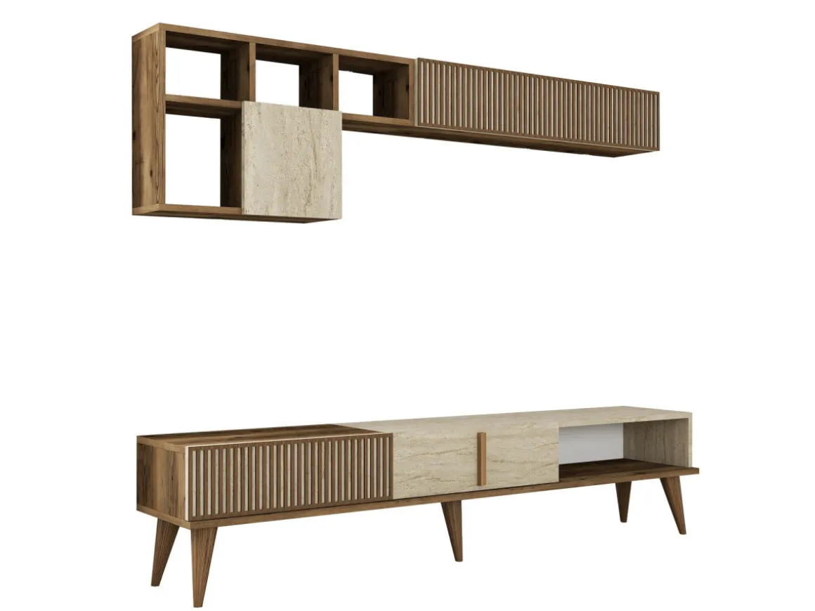 Meuble TV en bois "Milan" - 180 x 35 x 40 cm - Noyer, Travertin