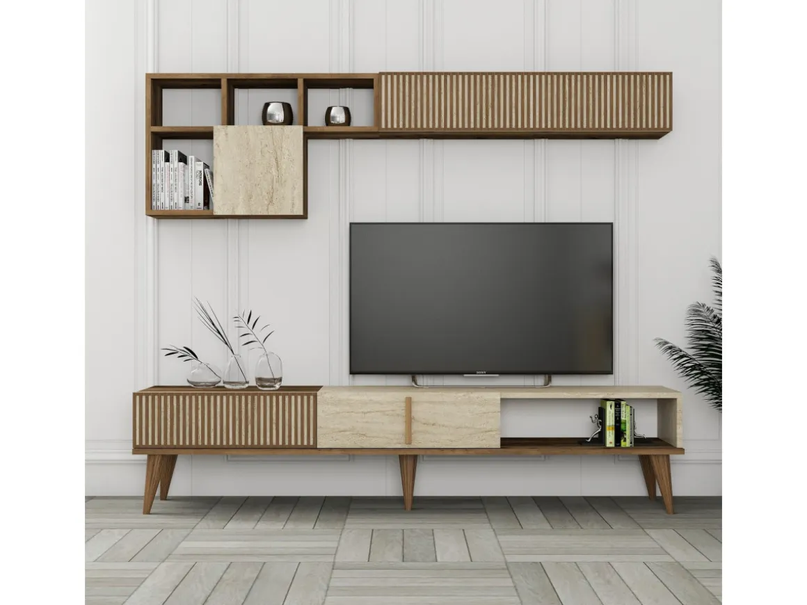 Meuble TV en bois "Milan" - 180 x 35 x 40 cm - Noyer, Travertin